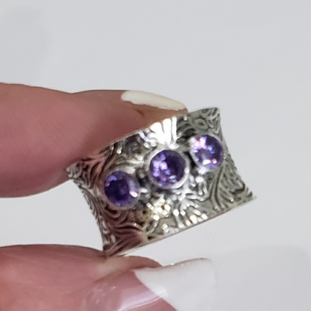 Amethyst ring, 925 silver amethyst ring, silver amethyst wide band ring - Picture 9 of 12